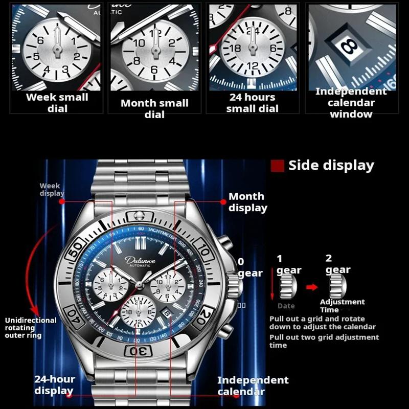 Męski zegarek mechaniczny z automatycznym naciągiem, wielofunkcyjny kalendarz na tarczy, modny sportowy zegarek na rękę dla mężczyzn