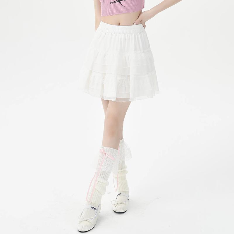 Women Lace Mini Skirt Summer Cake Ruffled High Waist Slim A Line Skirt Shorts Korean Female Kawaii Casual College White