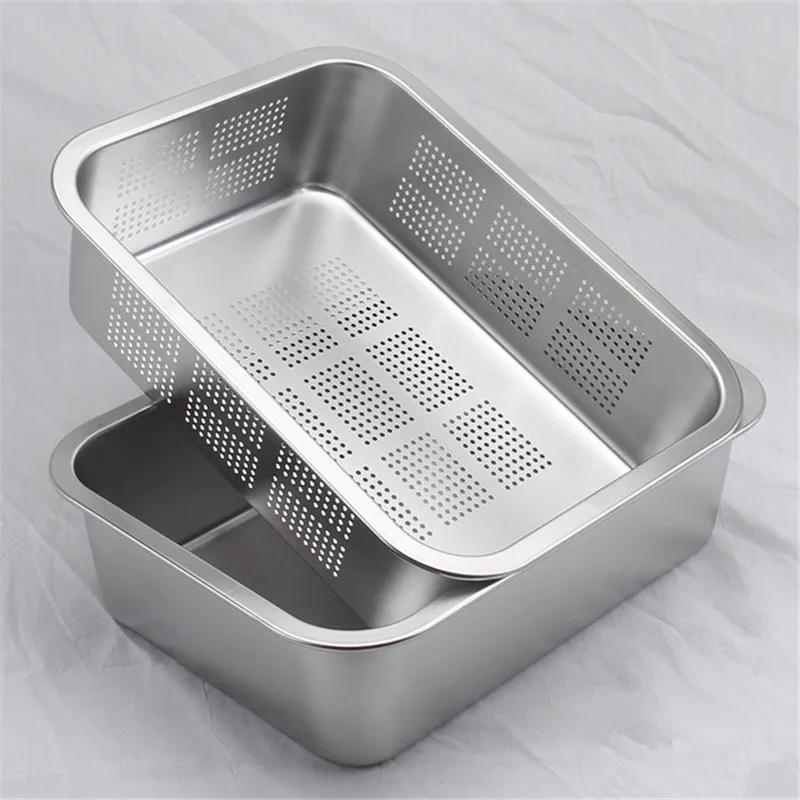 Square 304 Stainless Steel Circular Hole Rectangle Vegetable Fruit Washing Kitchen Utensil Colander Kitchen Sink Wash Basket