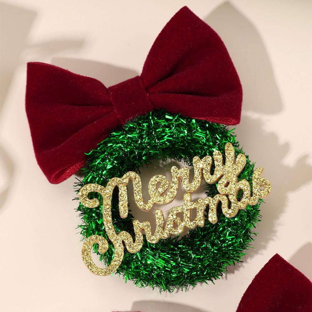 2Pcs “Merry Christmas” Wreath Hair Clips With Velvet Bow For Girls Children New Year Barrette Trendy Headwear Hair Accessories