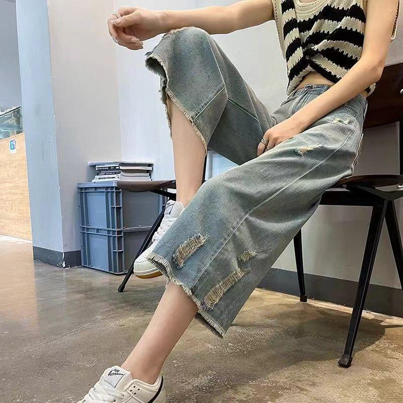 Petite High-Waisted Ripped Loose Wide-Leg Summer Cropped Blue Denim Jeans for Women S (Recommended 88-98 lbs)