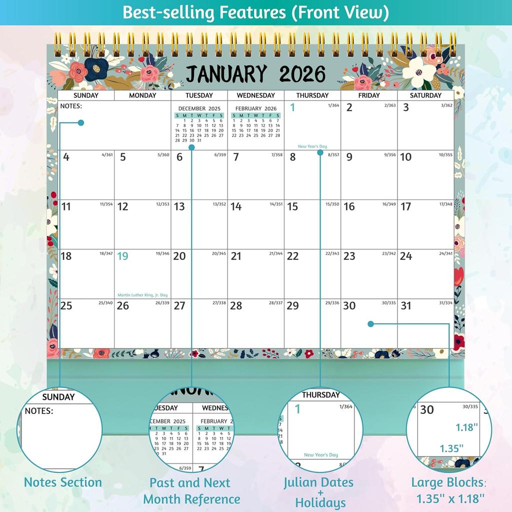 Desk Calendar 2026 - Standing Flip Desktop Calendar 2026, 12 Months(January 2026 - December 2026), 11" x 8.5", Large with Notes, To-dos, Yearly