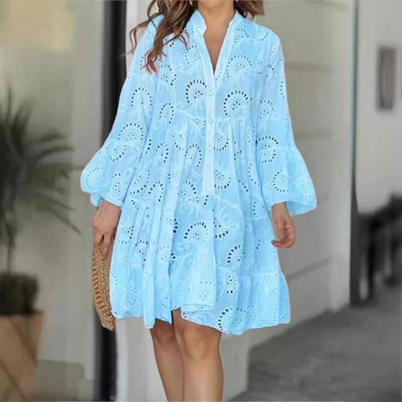 Abito con orlo a volant cavo, Elegante abito solido con scollo a V e maniche svasate, Abbigliamento da donna