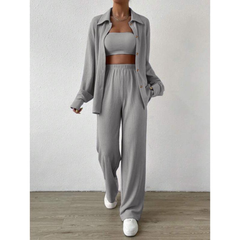 Autumn and Winter Solid Color Button Cardigan Lapel Casual Fashion Women's Two-piece Set