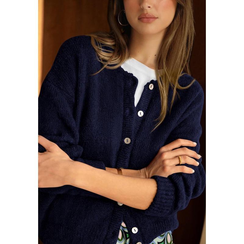 VEZFAA Moda feminina casual outono inverno cor sólida estampa manga comprida gola redonda suéteres
