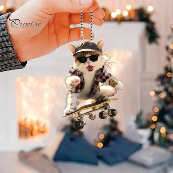 Adorable Cat Hanging Ornament Car Rearview Mirror Pendant with Lanyard Easy To Hang Animal Cat-Shaped Xmas Tree Pendant