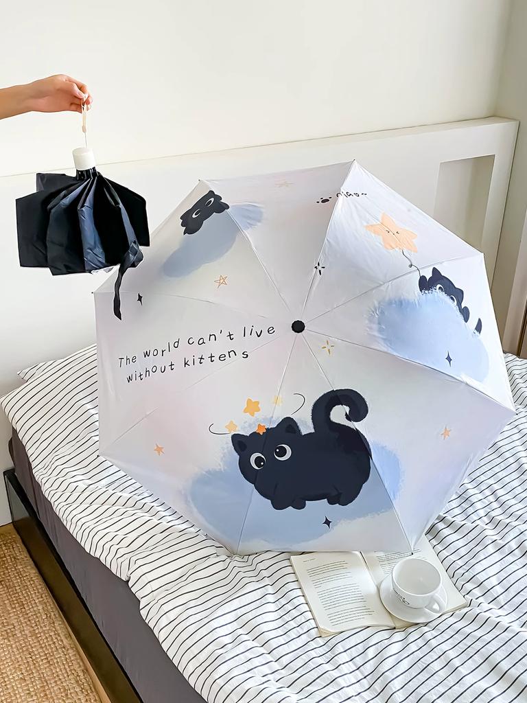 Small Black Cat Umbrella Men and Women Rain Or Shine Dual-Use Folding Sun Protection UV Protection Sun Umbrella Cute Student Children
