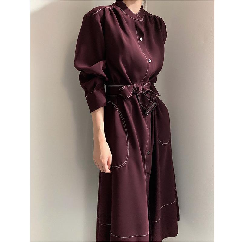 Spring Autumn Women's Single Breasted Shirt Dresses Sashes Stand Collar Korean Casual Straight Dress Female