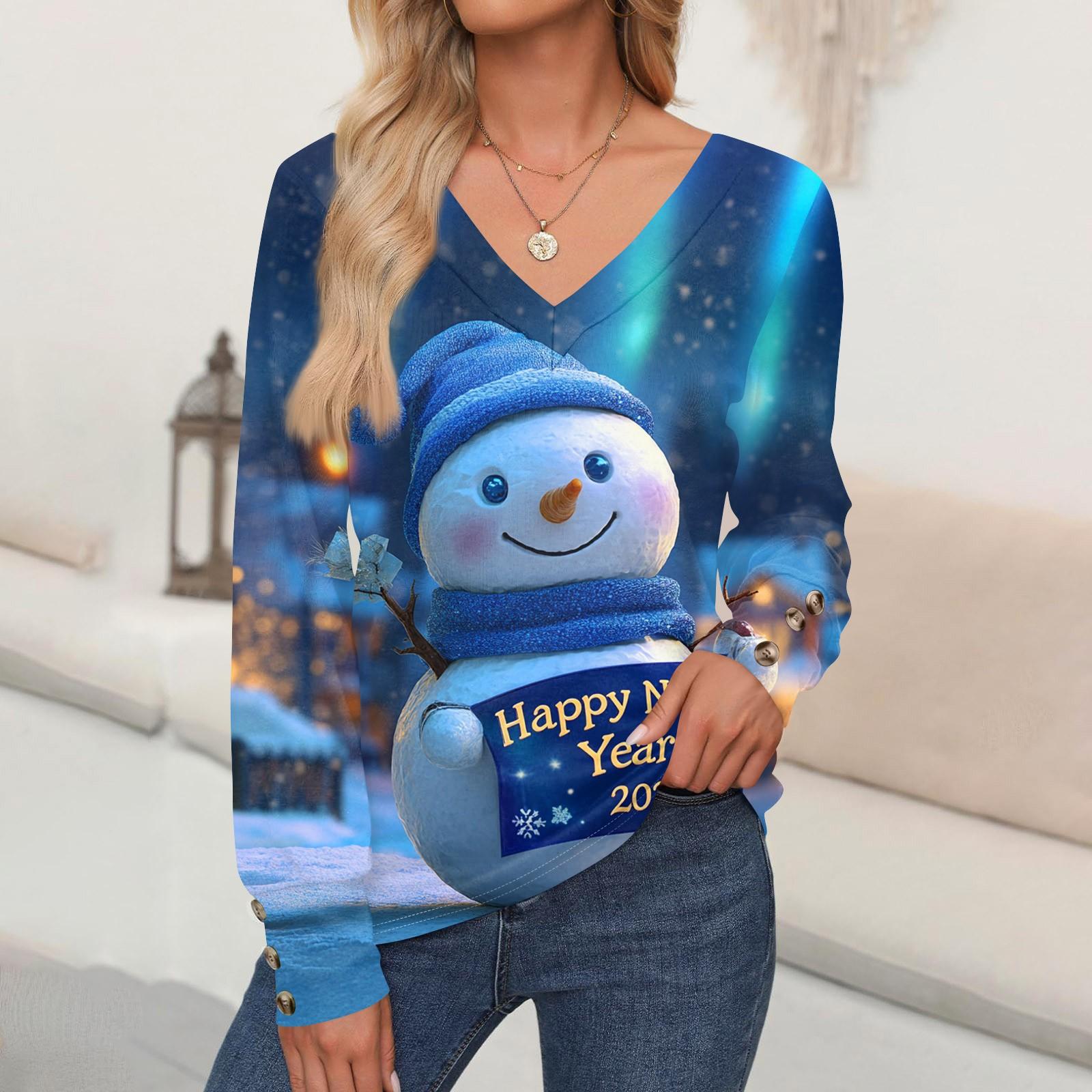 

Женская мода повседневный свитер с длинным рукавом и V-образным вырезом с рождественским принтом L