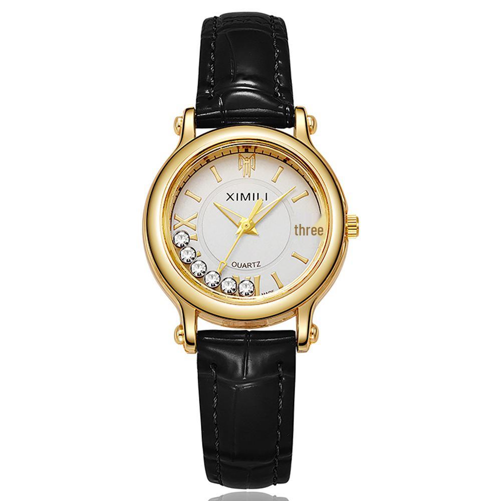Hot Selling Women's Quartz Watch with Leather Strap and Rhinestone Design - Elegant Flowing Sand Fashion Ladies Wristwatch