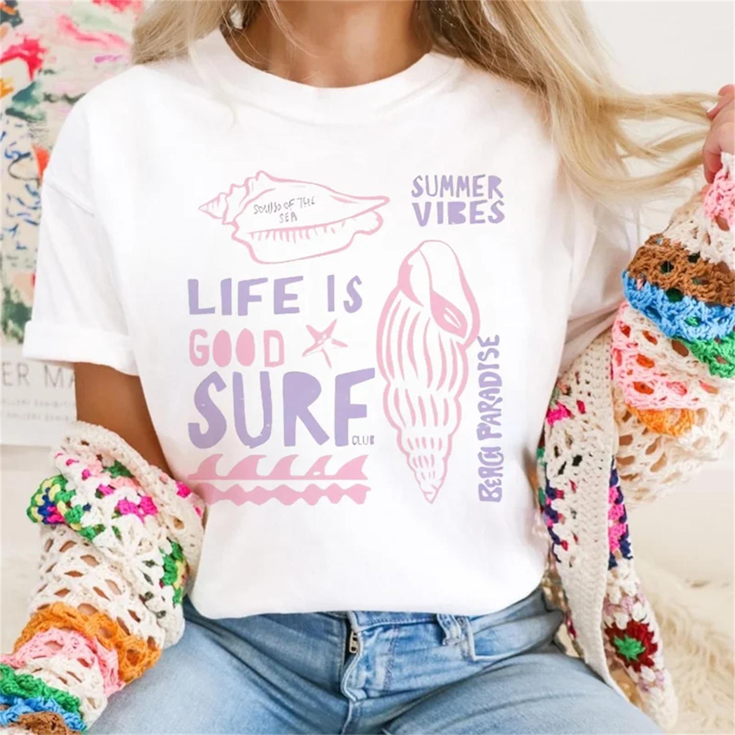 

2025 Short Sleeved Casual Women s Surfing Club Printed Pattern Women s Summer T-Shirt Regular Cartoon Printed Fashion New Top XXXXXL білий