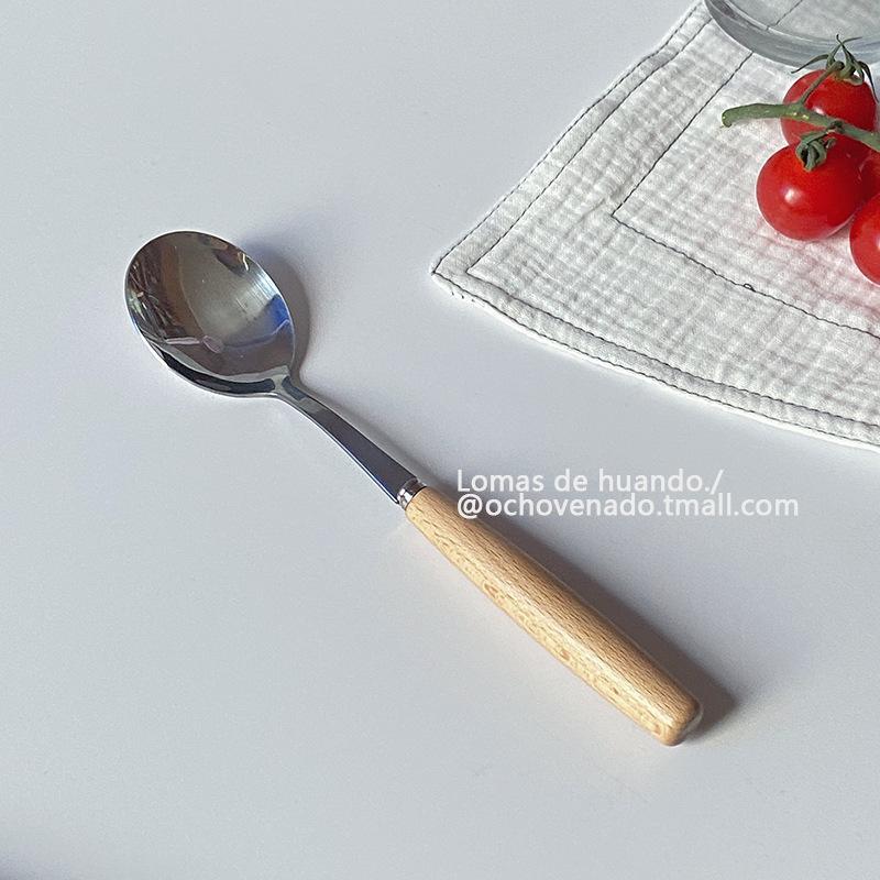 Simple INS wooden handle chopsticks knife fork spoon tableware set stainless steel Japanese style student portable love