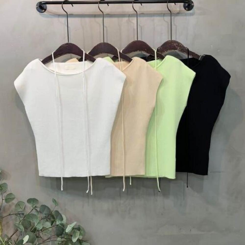 C S In The Room biShu Boat neCk Cap Sleeve Knit waiSt Tie Set 4Color