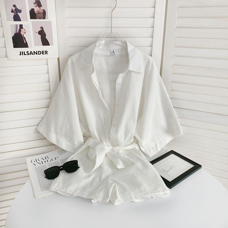 European and American Style Design Sense Shirt Collar Jumpsuit for Women's Summer New Versatile Waist Tied Short Sleeved Ju