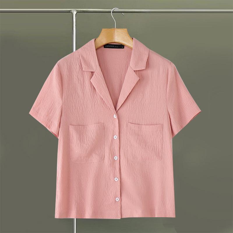 

ZANZEA Женская летняя блузка с классическим воротником, повседневная, с коротким рукавом 4XL розовый