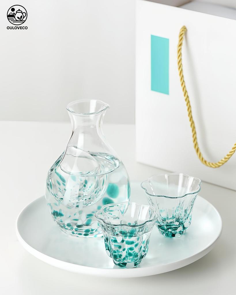 OULOVECO Sake Set, Crystal Glass Sake Bottle (1) + Sake Cups (2), Colorful Design, Keeps Sake Cold, Japanese Sake Glass Set, Gift Item (Blue)