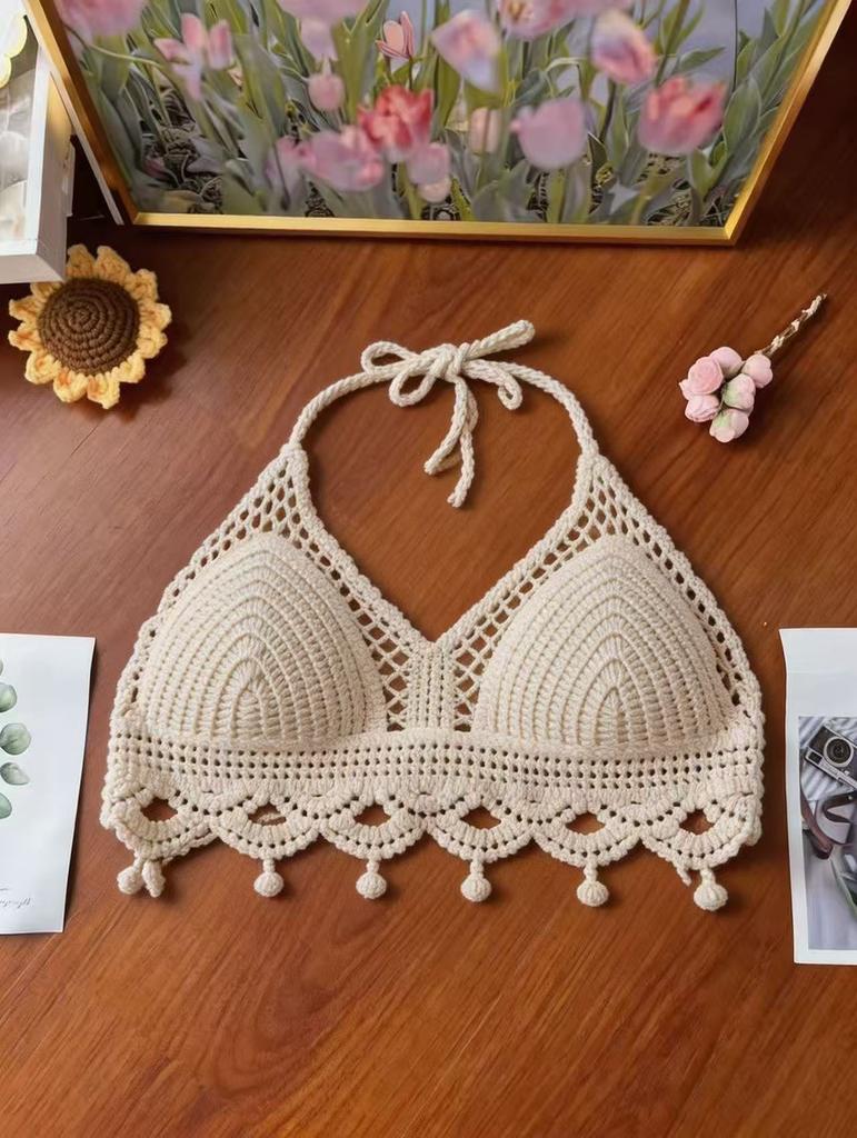 Neuer hohler Häkelstrick-Kleiner Träger Damen-Heißquellenurlaub Strand-Bikini Vielseitiger Nackenband-Brustpolster-Weste