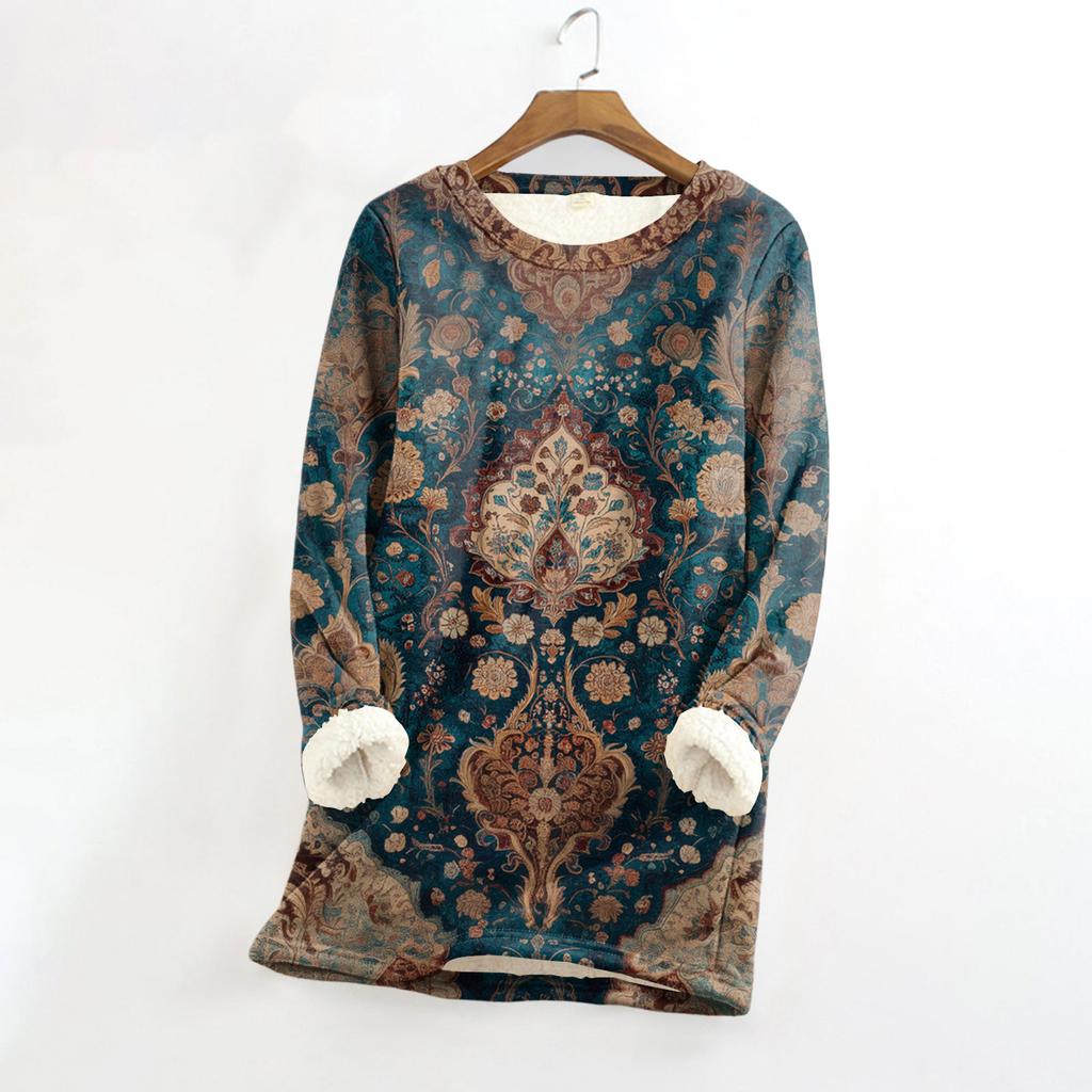 Women's Round Neck Top Printing Thickened Plush Cashmere Warm Long Top