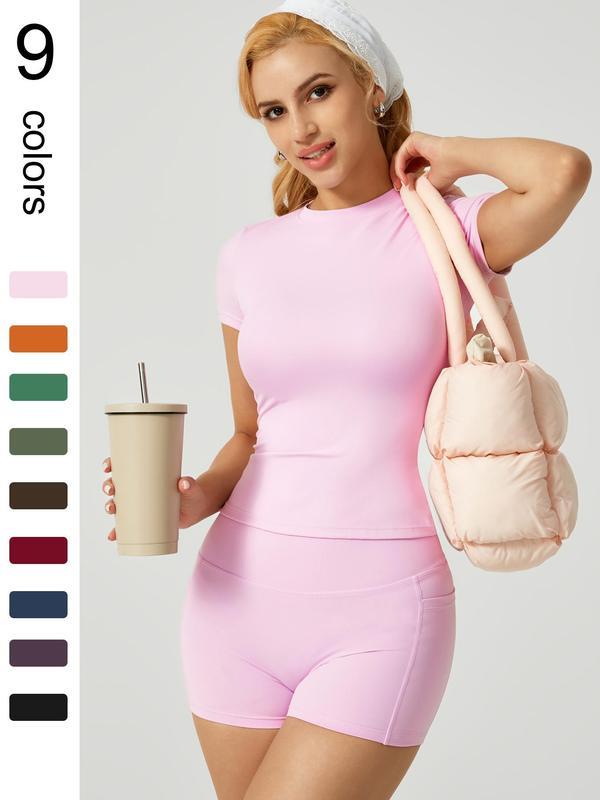 

2025 Одежда для йоги Новый стиль: Спортивный комплект с облегающим топом и шортами с карманом на ягодицах «персик» L