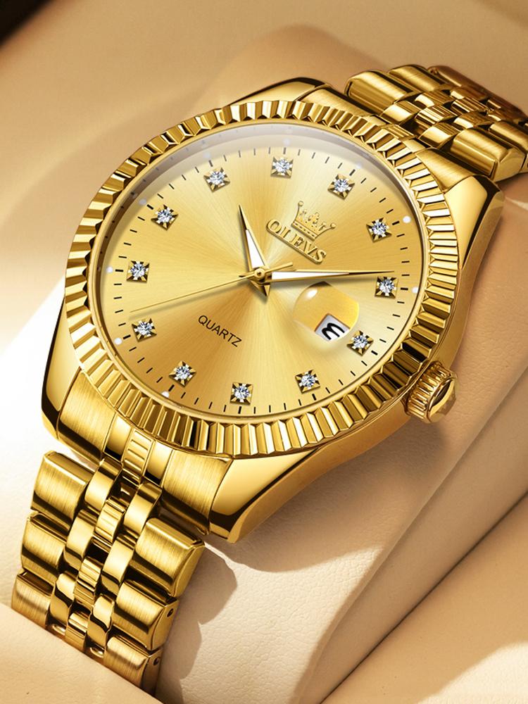 OLEVS Brand Classic Business Style Gold Steel Watch for Men High Quality Waterproof Luminous Date Quartz Mens Watches
