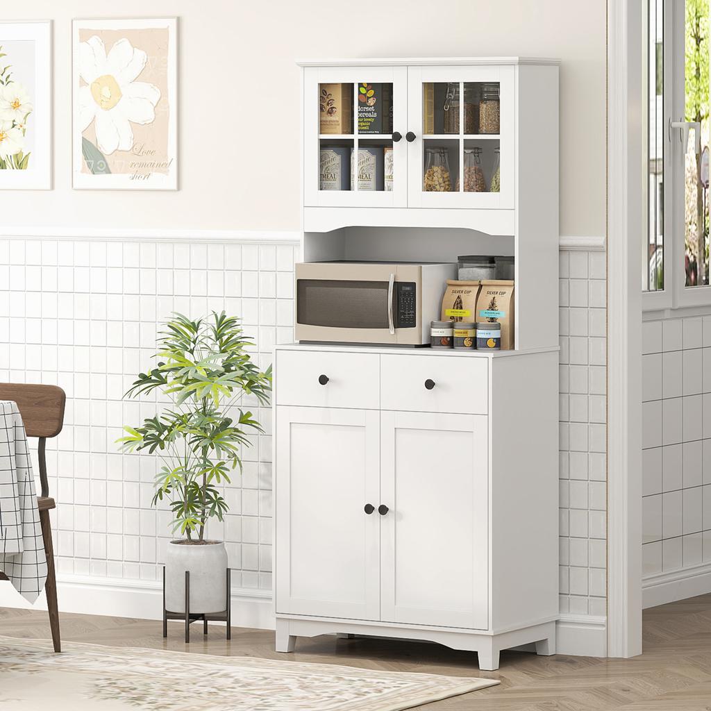 Freestanding Kitchen Storage Cabinet with Worktop, Glass Doors, White