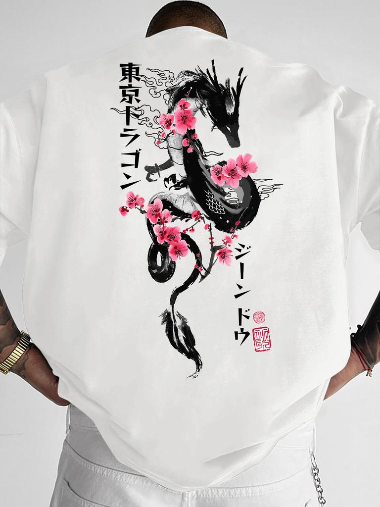 Unisexs Koszulka Streetwear Tokyo Smok Sakura Graficzny Nadruk Dekolt Okrągły Krótki Rękaw Poliestrowe Top Z Tekstem Kanji Sxxl