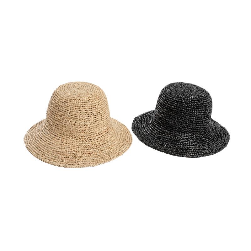 Spring and Summer Fashion Simple Hand Crochet Raffia Dome Wide Brim Basin Hat Sunscreen Sunshade Foldable Bucket Hat Tide