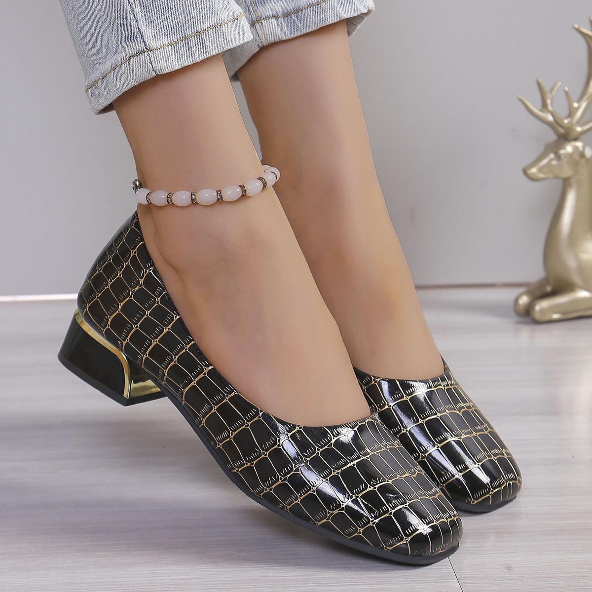 

Large size fashion square head thick heel light mouth single shoes women s autumn new casual snake pattern bright leather high heels 43
