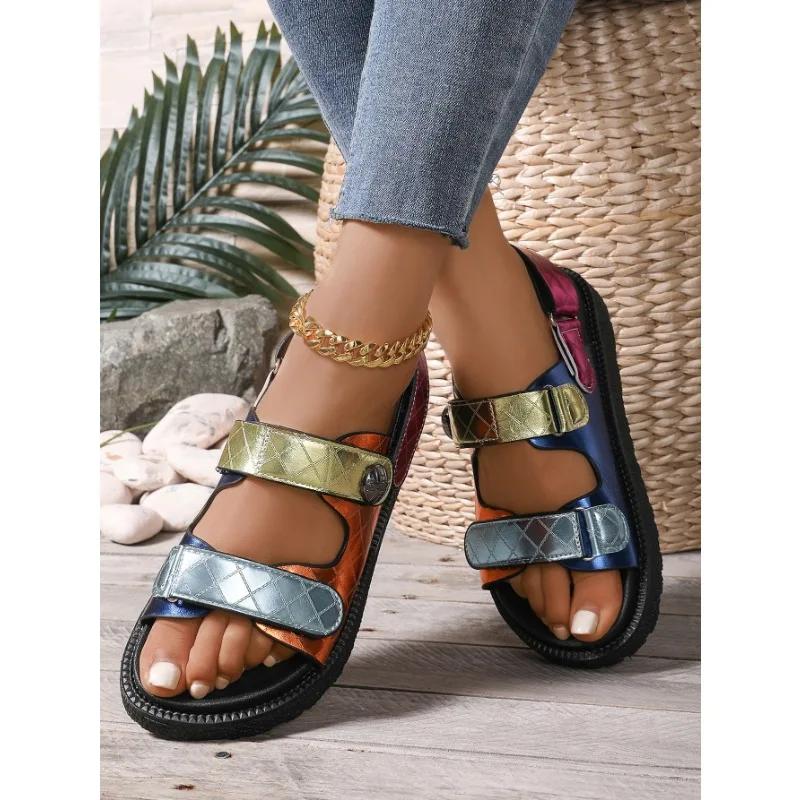 Bright Colored Upper Sandals with Comfortable Interior Velcro with Eagle Shaped Edges Thick Sole Large Size Flat Beach Sandals