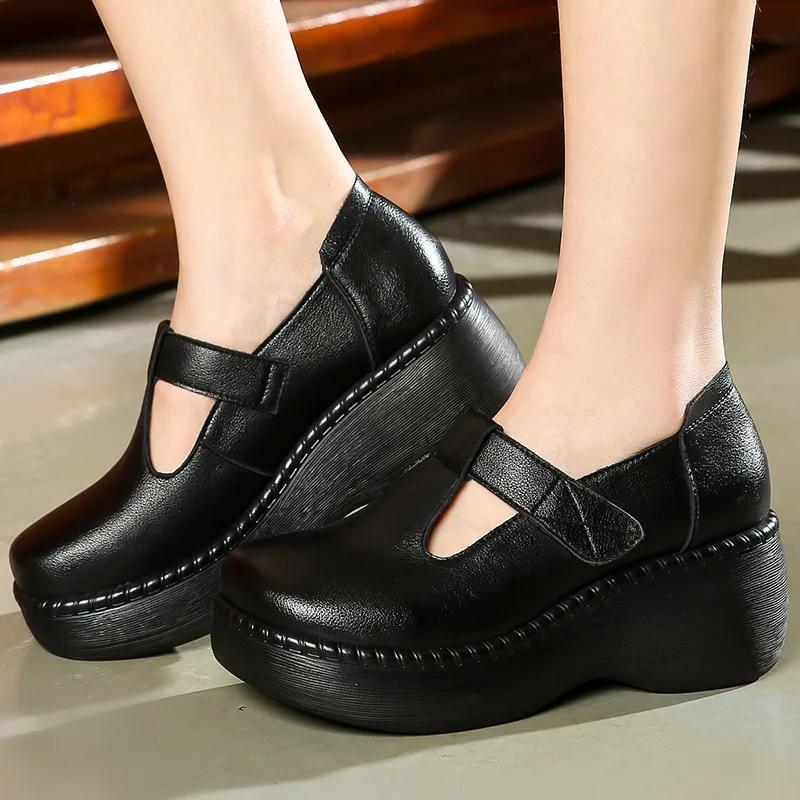 Fashion 2024New Genuine Leather Flat Platform Shoes For Women Retro Thick Heel Wedges Handmade Casual Shoes Leisure Ladies Platform Shoe