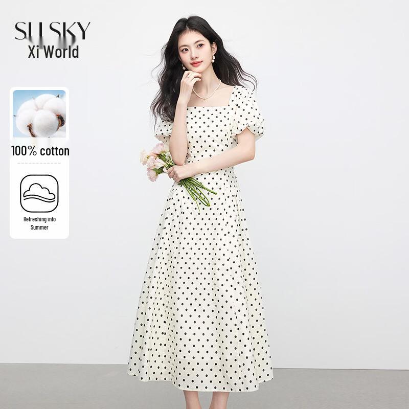 French Polka Dot Square-Neck Midi Dress L