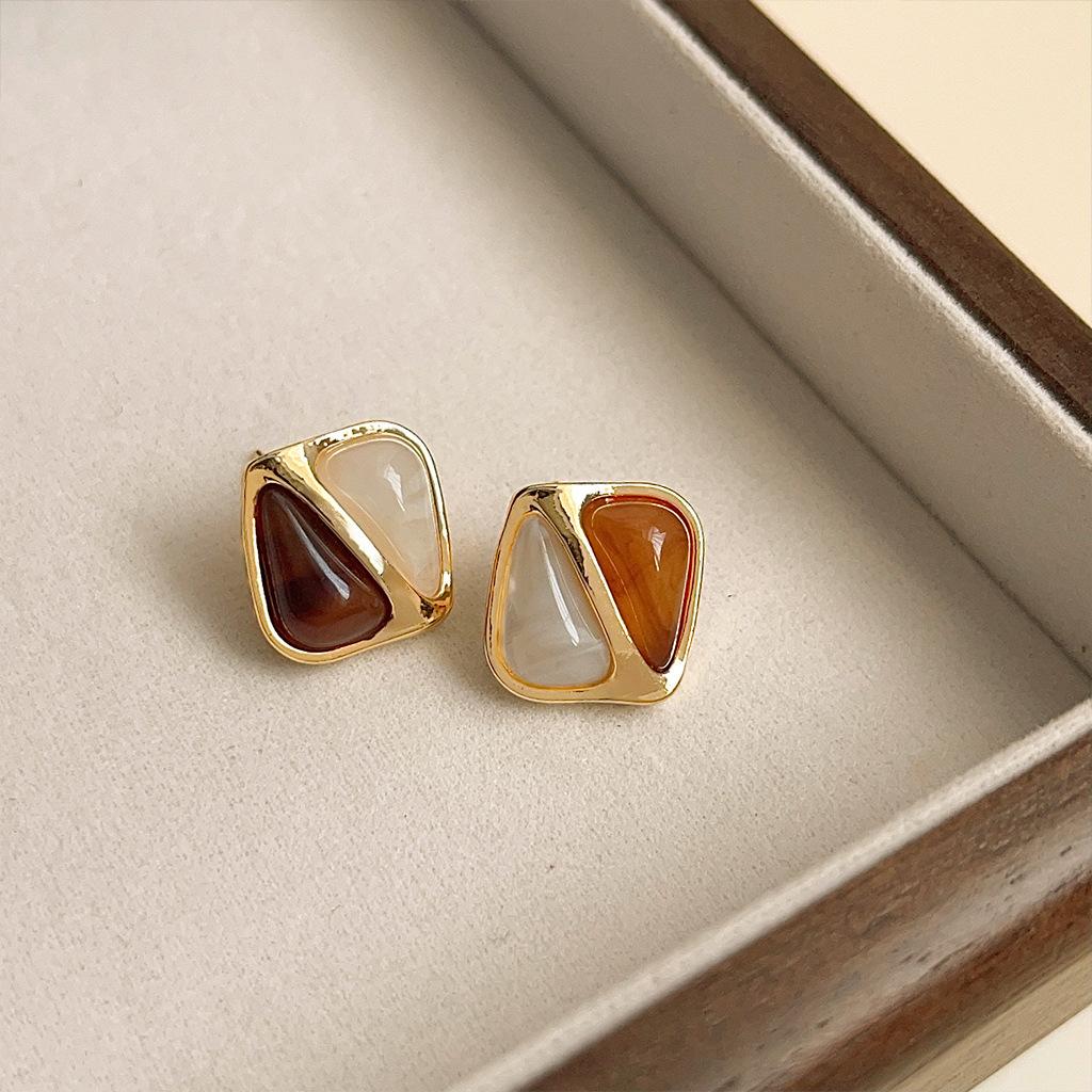 Vintage Maillard Coffee Earrings Women's Literary Temperament Acrylic Smudge Earrings Niche High-end Autumn and Winter Earrings