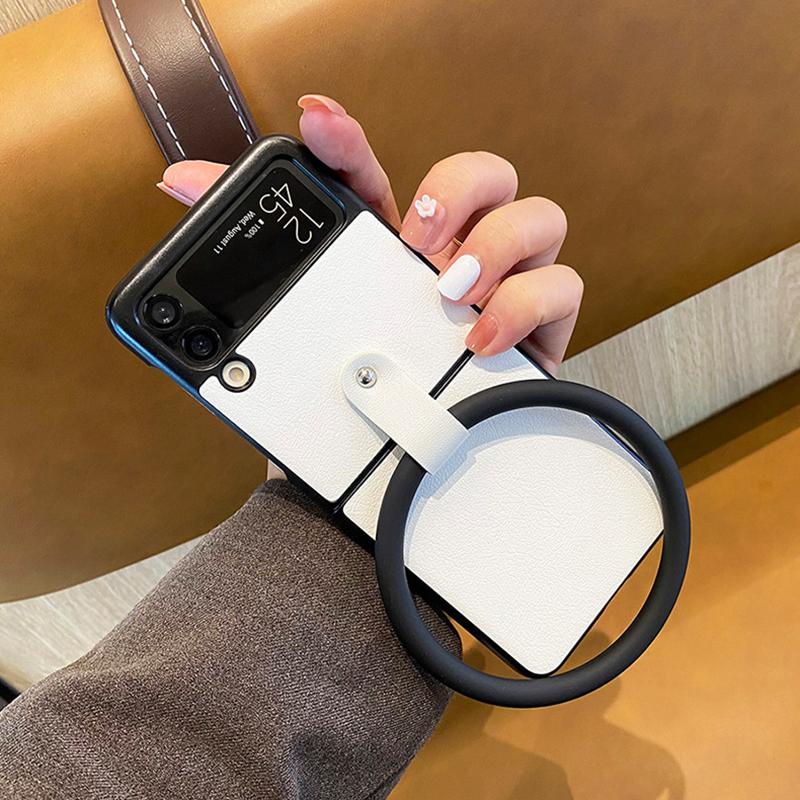 Luxury Pu Leather Phone Case For Samsung Galaxy Z Flip 4 3 Back Cover With Portable Bangle