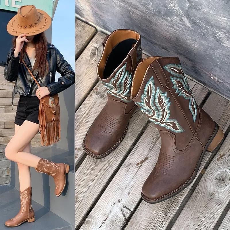 Mode Frauen Bestickte Westernstiefel Leder Mittlere Waden Cowboystiefel Winterstiefel mit Blockabsatz Weibliche Herbstschuhe Botas Chelsea
