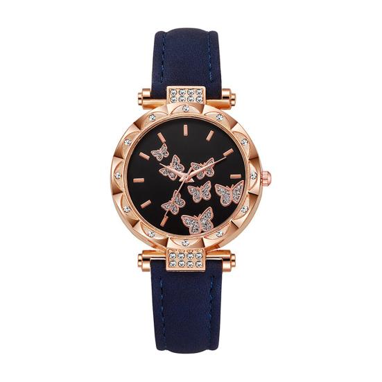 Yousheng Ladies Butterfly Watch Artificial Leather Strap Quartz Watch Rhinestone Round Dial Fashionable Wristwatch for Women Party Office