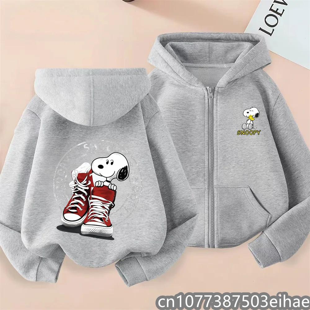 Boys Girls Spring Autumn Snoopy Cartoon Zipper Hooded Coat Kids Long Sleeve Casual Hooded Sweatshirt Printed Daily Zip Top