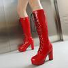 Plus Size Glossy Patent Leather Cross Lace Up Zipper With Plush Lining Women's Knee Length Boots Extra High Thick Heels Boots