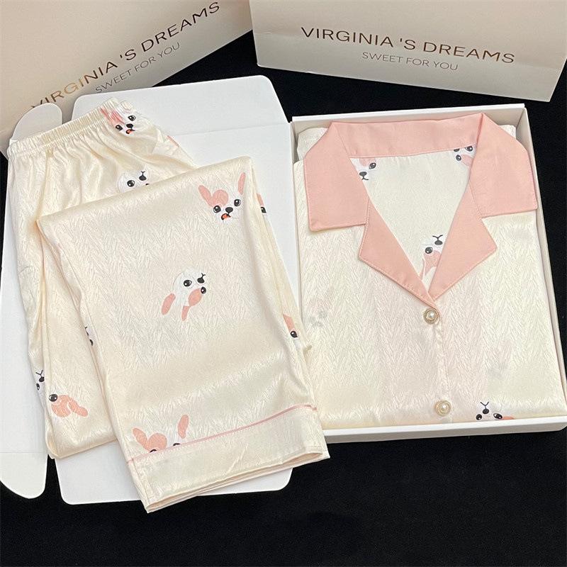 Ice Silk Pajamas Women'S Spring And Autumn Long-Sleeved Cute Little Milk Dog Cute Rabbit Loungewear Women'S Two-Piece Suit