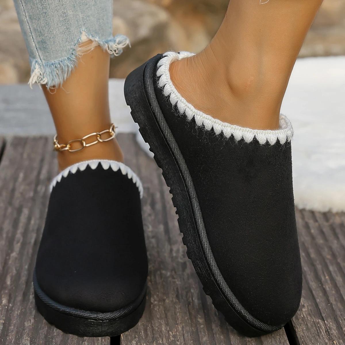 

2025 Зимние теплые пушистые женские тапочки мягкая подошва нескользящие толстые плюшевые сабо женские Повседневные Платформа Домашние комнатные туфли шлепанцы 37 чёрный