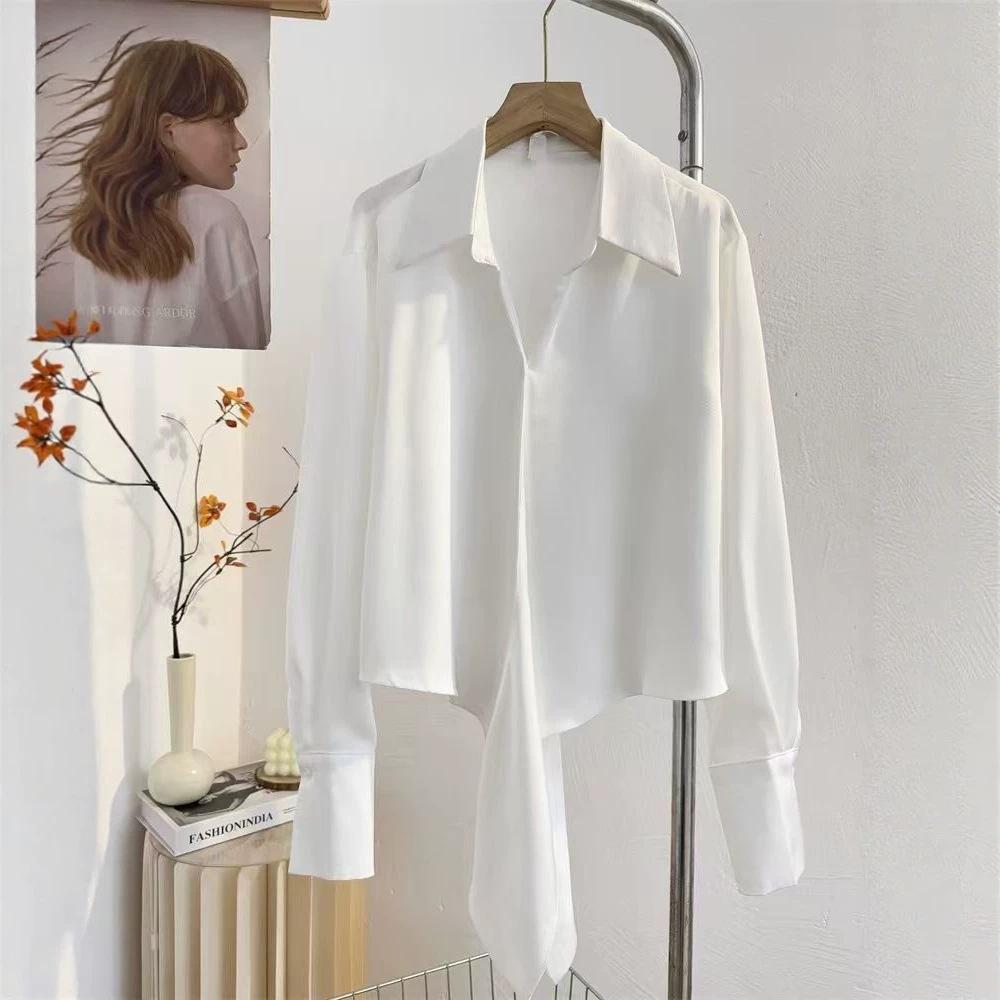 1116 New French Kinked White Shirt, Drape Temperament Short Waist Design Long-sleeved Shirt Women
