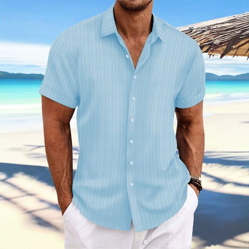 Mens Short Sleeve Casual Jacquard Shirt Breathable Loose Fit Summer