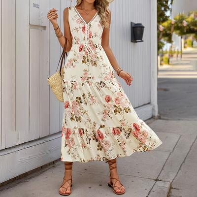 Robes décontractées pour femmes, mode été printemps imprimé floral, sans manches, col en v, taille haute