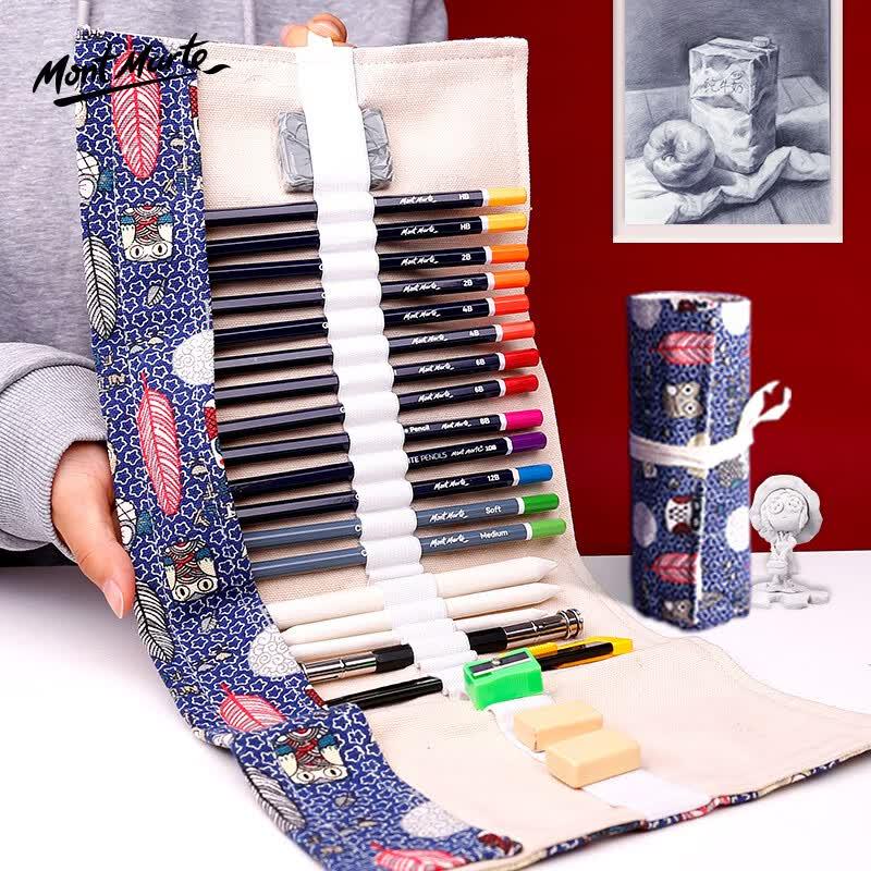 Mengmate 24-Piece Sketch Pencil Set with Owl Pen Wrap