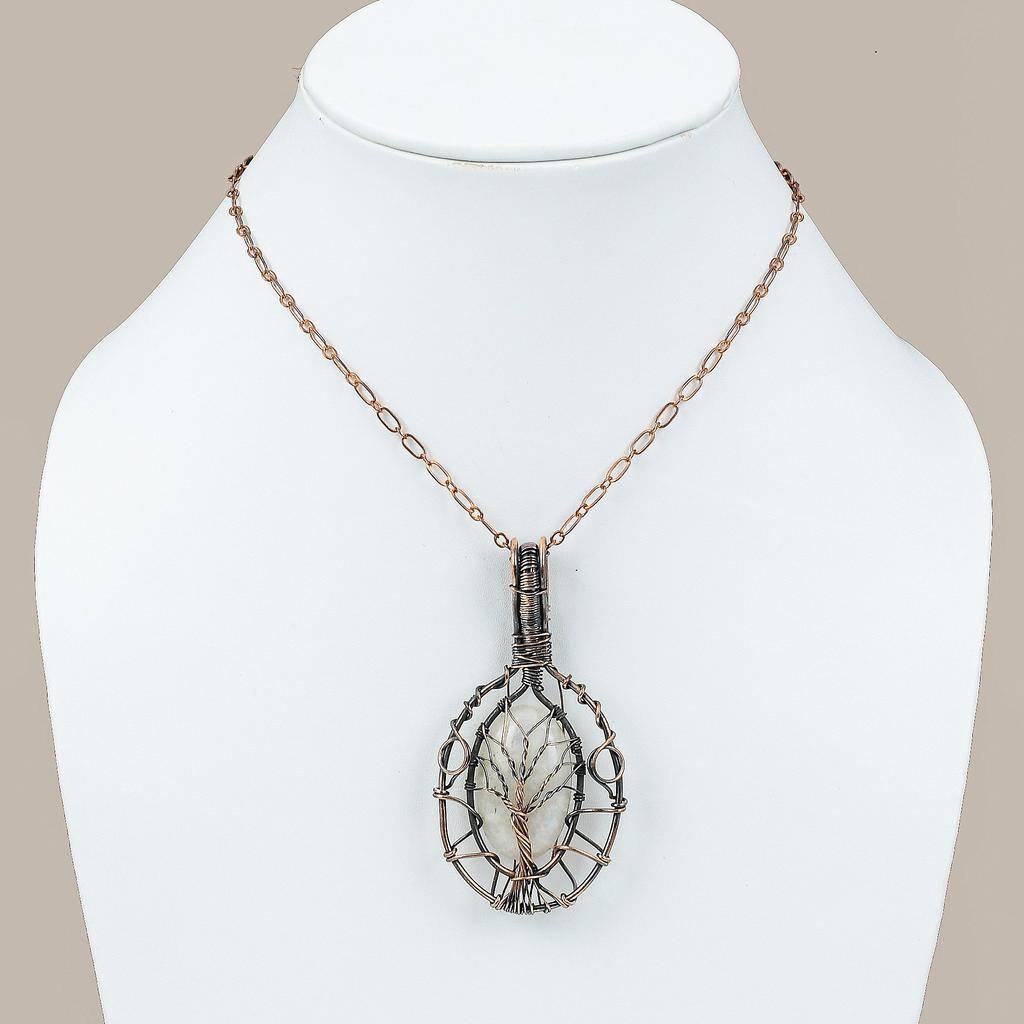 Rainbow Moonstone Gemstone Copper Wire Wrap Tree Of Life Pendant 2.95"