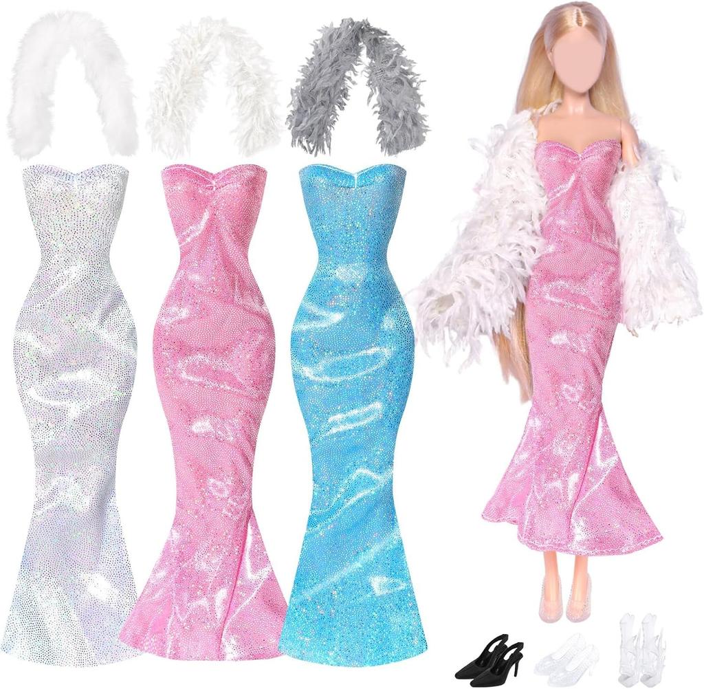 3 Sets 30cm Girl Doll Clothes Girls Doll Accessories Mermaids Evening Gown Dress Fur Shawl Shoes Outfit Doll Clothing(NO DOLL)