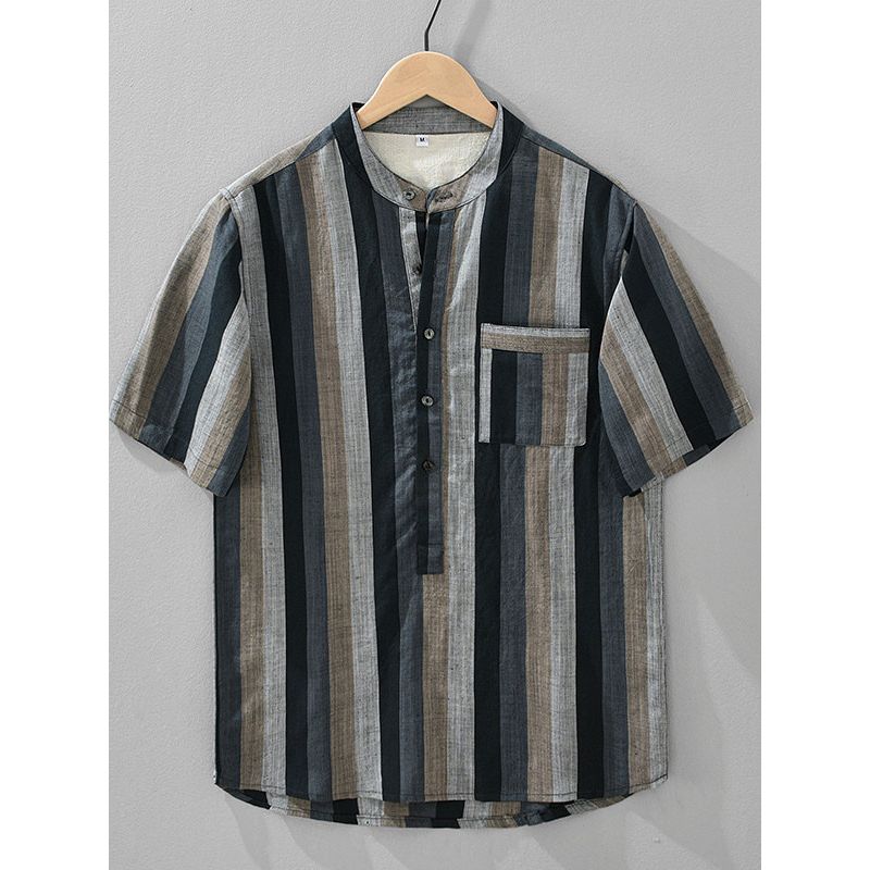Japanese-Style Vintage Pullover Lyocell Ice Silk Color-Blocked Linen Striped Loose Stand-Collar Short-Sleeve Men's Shirt