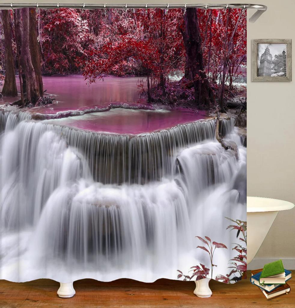 Forest Landscape Bathroom Curtain 3D Natural Scenery Waterfall Printing Shower Curtains Waterproof Polyester Home Decoration