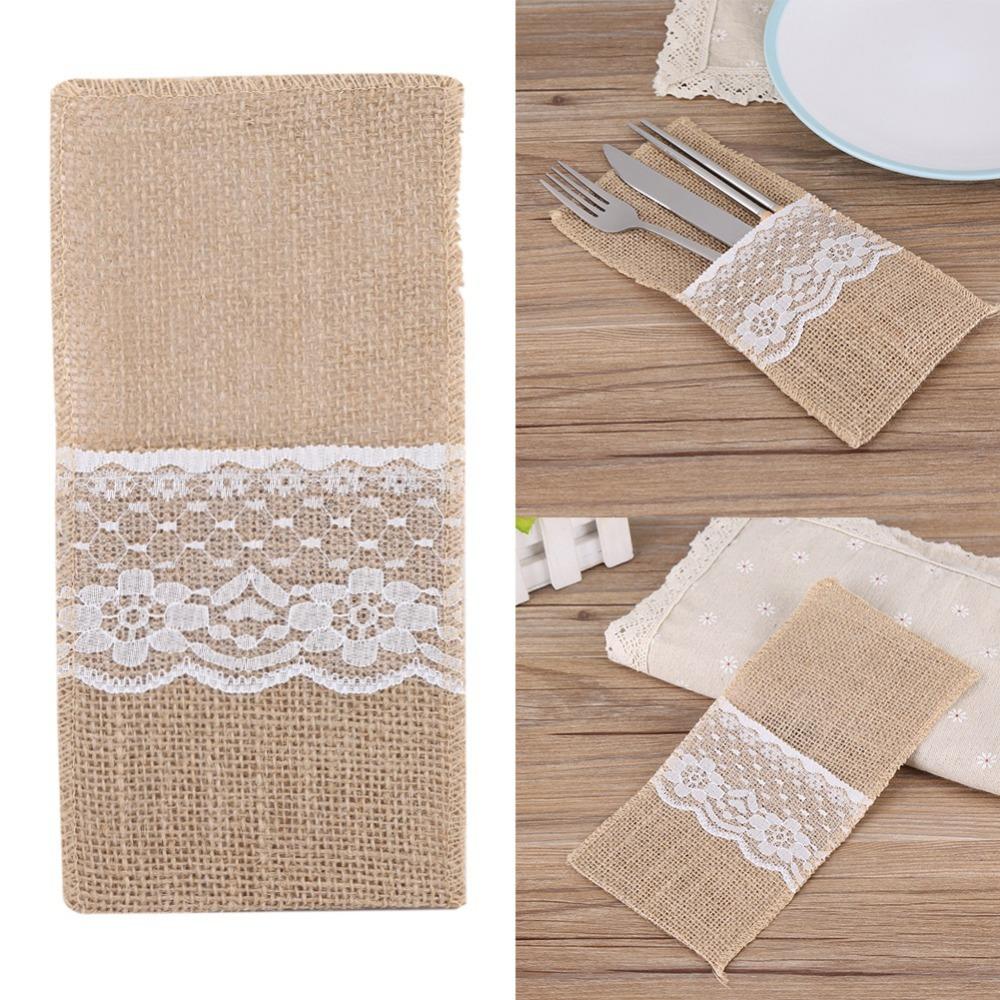 10Pcs Burlap Tabbleware Holder Lace Silverware Bag Lightweight Napkin Bag  Wedding Party