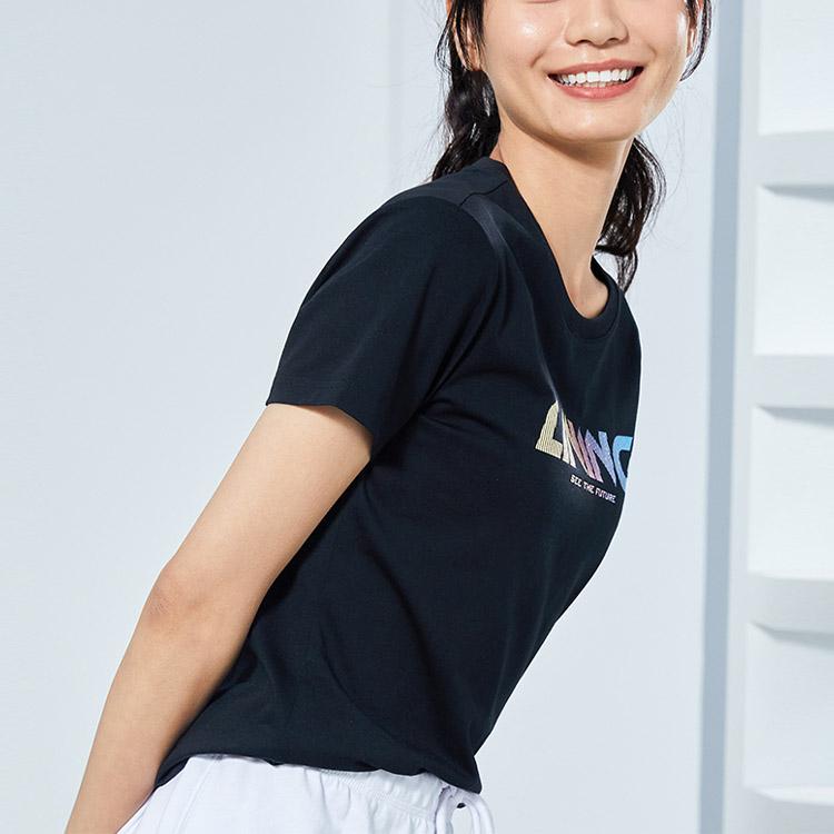 Li Ning Gradient Logo Print Sports Short Sleeve T-Shirt Women Tops Black AHSR548-6
