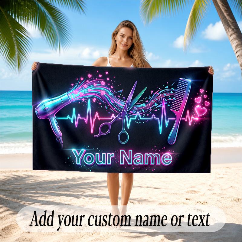 Barber Salon Theme Quick Dry Beach Towel Custom Name Text Print Large Sand Resistant Towel Beach Vacation